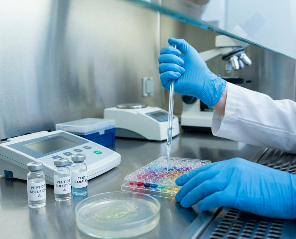 Technician performing microplate analysis in an accredited laboratory